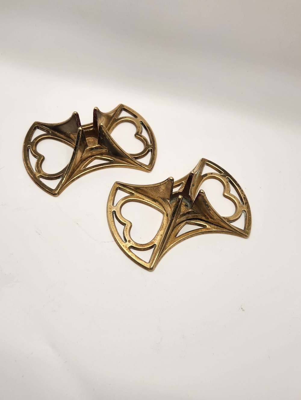 Vintage Swedish Brass Taper Candleholders Pair, Art Nouveau Pierced Heart Scroll